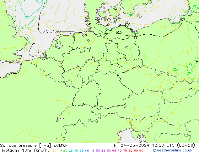 Isotachs (kph) ECMWF  24.05.2024 12 UTC