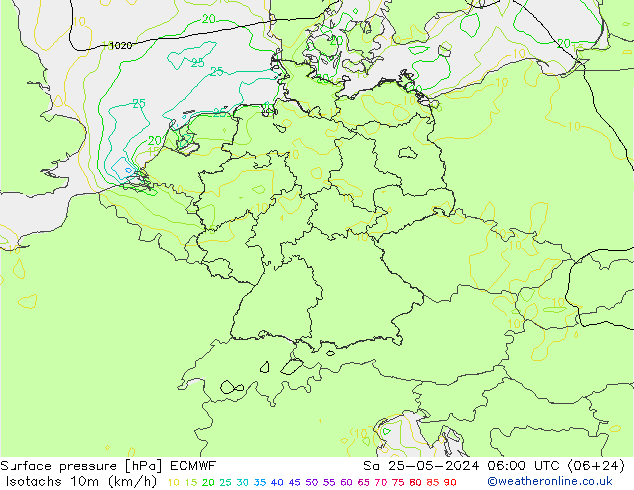 Eşrüzgar Hızları (km/sa) ECMWF Cts 25.05.2024 06 UTC