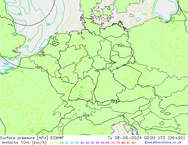 Izotacha (km/godz) ECMWF wto. 28.05.2024 00 UTC