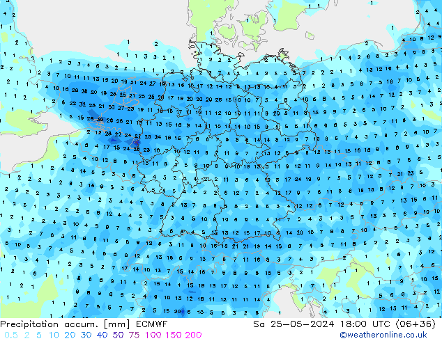 Precipitation accum. ECMWF Sáb 25.05.2024 18 UTC