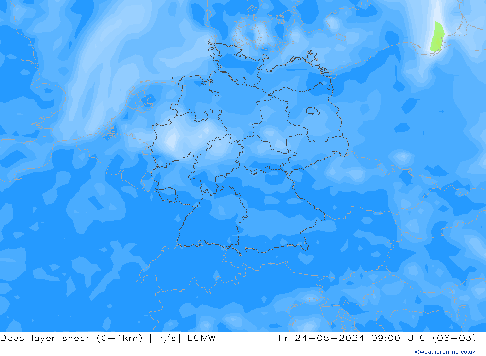 Deep layer shear (0-1km) ECMWF ven 24.05.2024 09 UTC