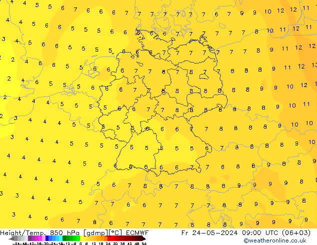 Geop./Temp. 850 hPa ECMWF vie 24.05.2024 09 UTC