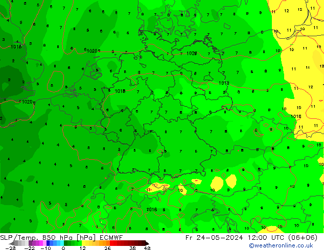 SLP/Temp. 850 hPa ECMWF vie 24.05.2024 12 UTC