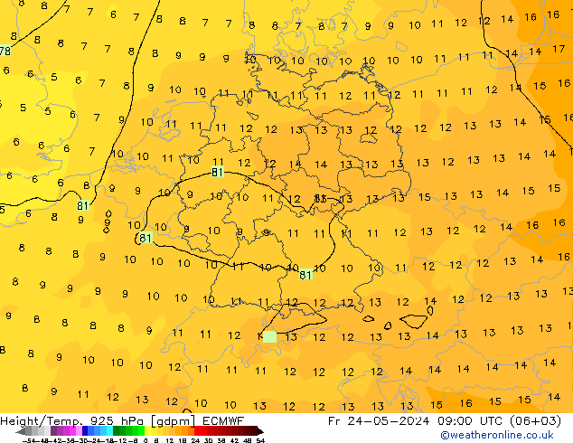 Height/Temp. 925 гПа ECMWF пт 24.05.2024 09 UTC