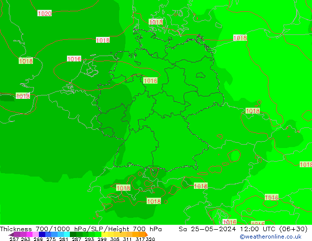 Schichtdicke 700-1000 hPa ECMWF Sa 25.05.2024 12 UTC