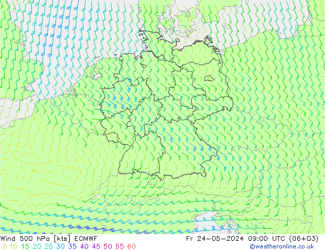 Wind 500 hPa ECMWF Fr 24.05.2024 09 UTC