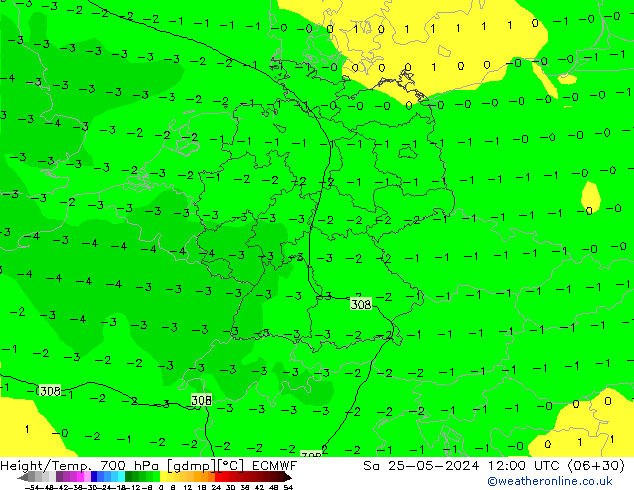 Height/Temp. 700 hPa ECMWF Sa 25.05.2024 12 UTC