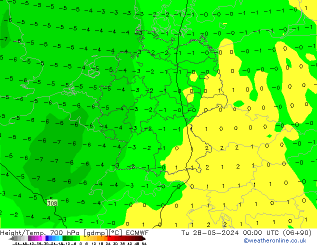 Hoogte/Temp. 700 hPa ECMWF di 28.05.2024 00 UTC