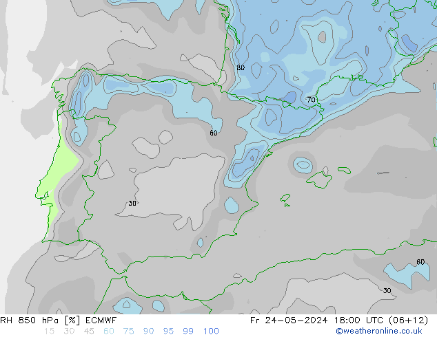 RH 850 гПа ECMWF пт 24.05.2024 18 UTC