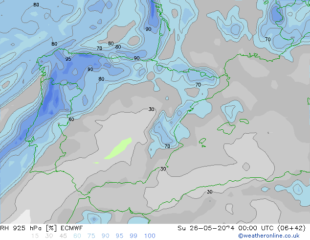 Humedad rel. 925hPa ECMWF dom 26.05.2024 00 UTC