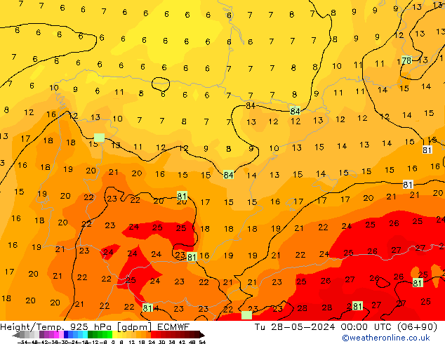 Height/Temp. 925 hPa ECMWF mar 28.05.2024 00 UTC