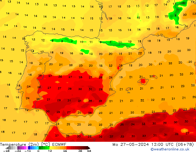 Temperature (2m) ECMWF Mo 27.05.2024 12 UTC