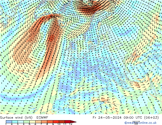 Vento 10 m (bft) ECMWF Sex 24.05.2024 09 UTC