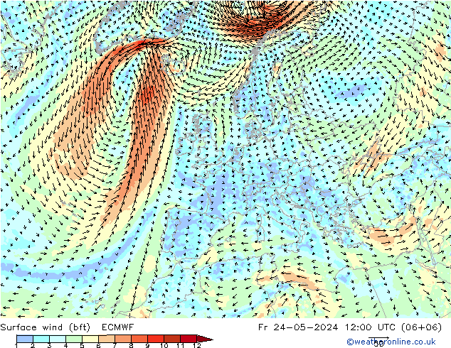 Bodenwind (bft) ECMWF Fr 24.05.2024 12 UTC