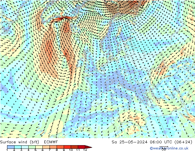 Bodenwind (bft) ECMWF Sa 25.05.2024 06 UTC