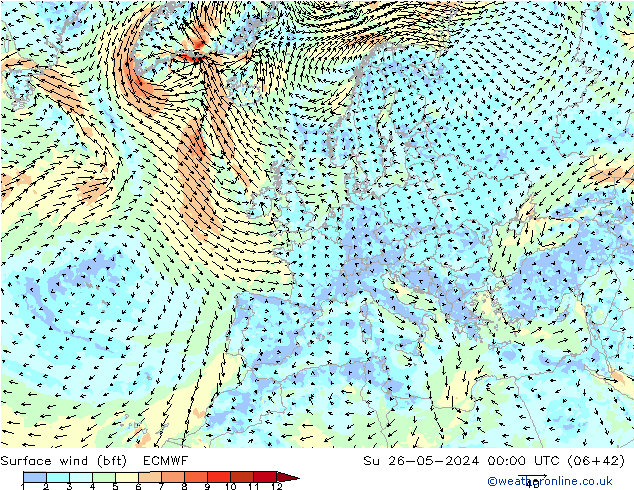 Surface wind (bft) ECMWF Su 26.05.2024 00 UTC