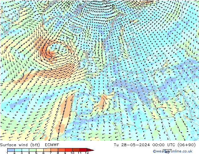 Surface wind (bft) ECMWF Út 28.05.2024 00 UTC