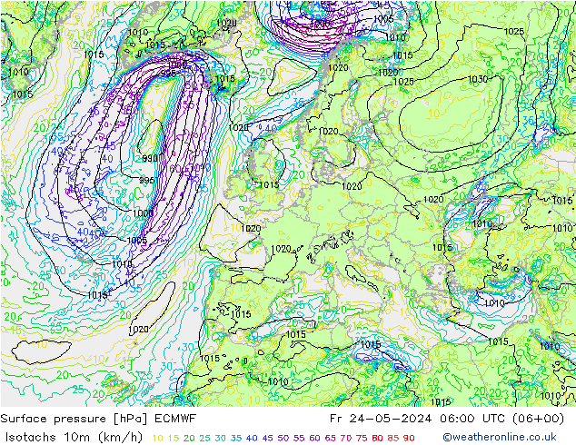 Isotachen (km/h) ECMWF Fr 24.05.2024 06 UTC