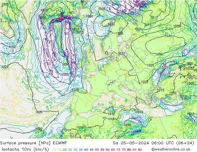 Isotachen (km/h) ECMWF za 25.05.2024 06 UTC