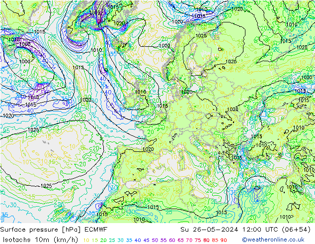 Isotachen (km/h) ECMWF So 26.05.2024 12 UTC