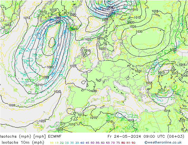 Isotachs (mph) ECMWF Fr 24.05.2024 09 UTC