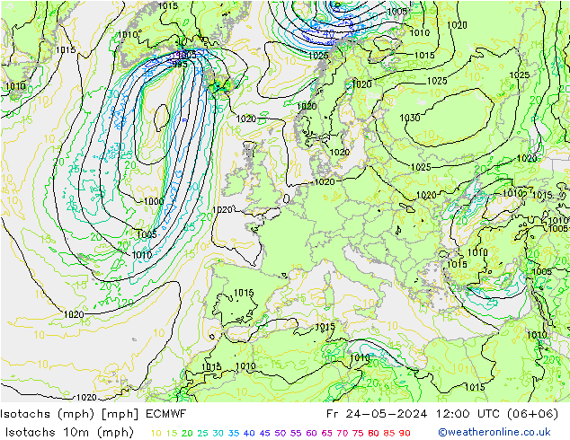 Isotachen (mph) ECMWF Fr 24.05.2024 12 UTC