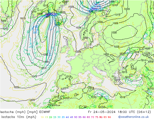 Isotachen (mph) ECMWF Fr 24.05.2024 18 UTC