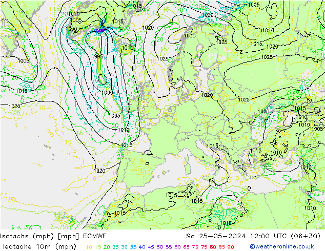 Isotachs (mph) ECMWF сб 25.05.2024 12 UTC