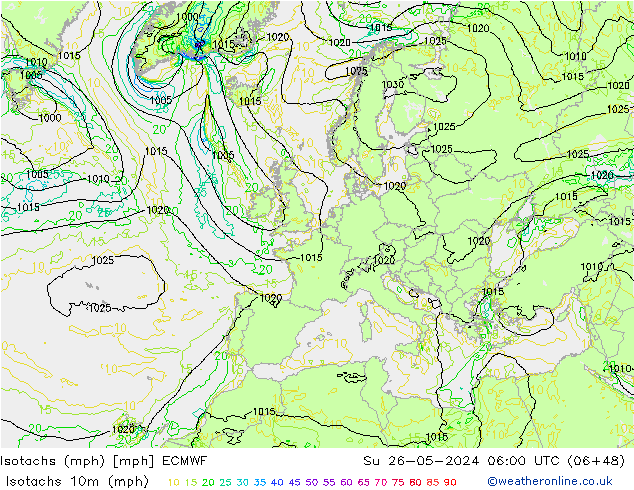 Isotachen (mph) ECMWF zo 26.05.2024 06 UTC