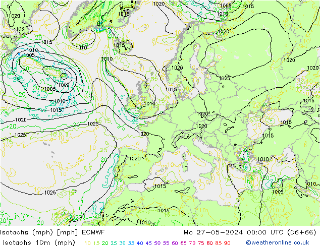 Isotachen (mph) ECMWF ma 27.05.2024 00 UTC