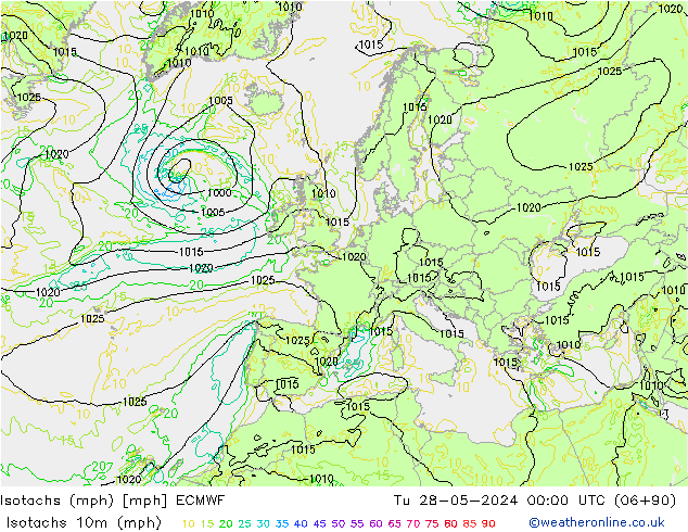 Isotachen (mph) ECMWF Di 28.05.2024 00 UTC