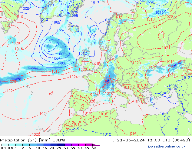 Précipitation (6h) ECMWF mar 28.05.2024 00 UTC