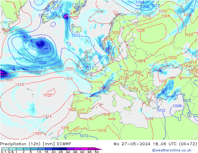 Précipitation (12h) ECMWF lun 27.05.2024 06 UTC