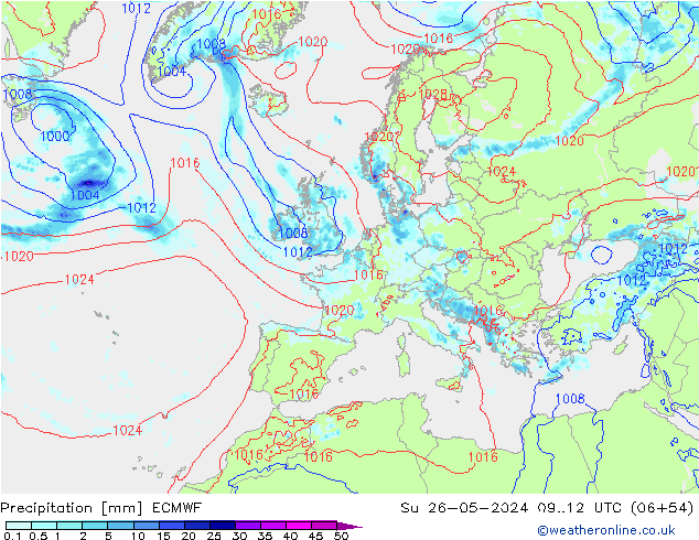 Srážky ECMWF Ne 26.05.2024 12 UTC