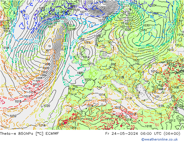 Theta-e 850hPa ECMWF Fr 24.05.2024 06 UTC