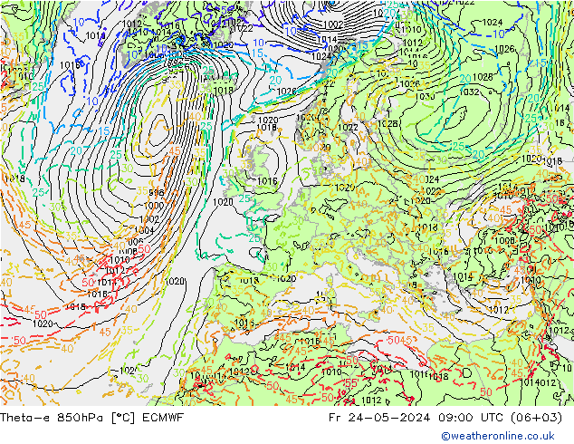 Theta-e 850hPa ECMWF Fr 24.05.2024 09 UTC