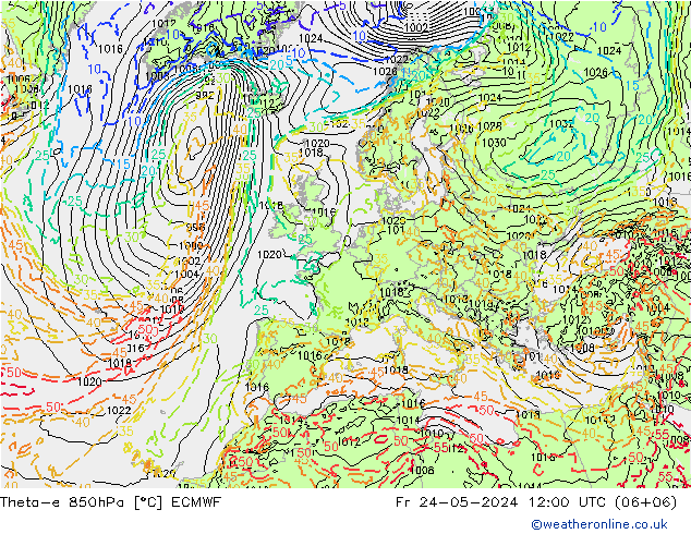 Theta-e 850hPa ECMWF Sex 24.05.2024 12 UTC