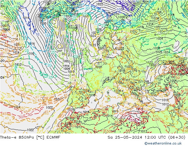 Theta-e 850hPa ECMWF sam 25.05.2024 12 UTC