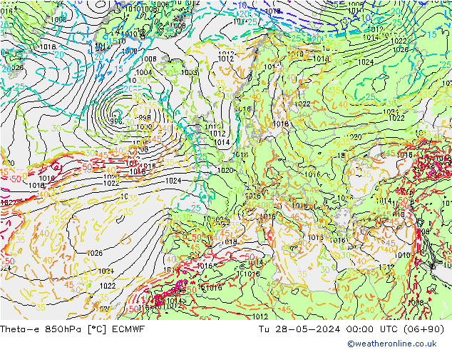 Theta-e 850hPa ECMWF Di 28.05.2024 00 UTC