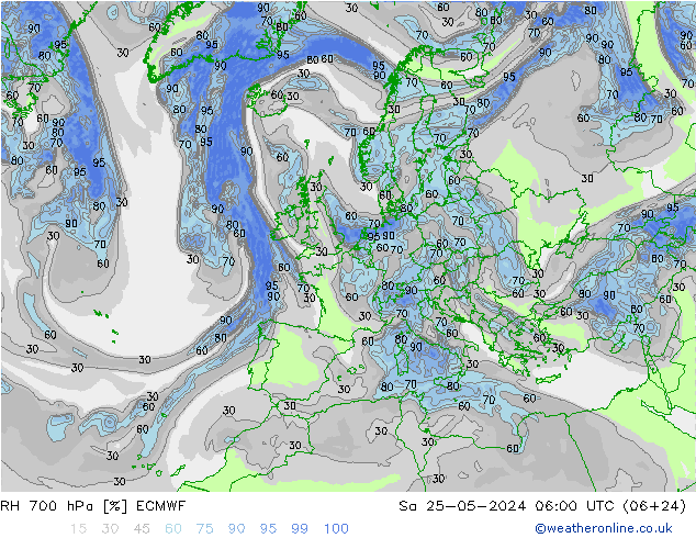 Humidité rel. 700 hPa ECMWF sam 25.05.2024 06 UTC