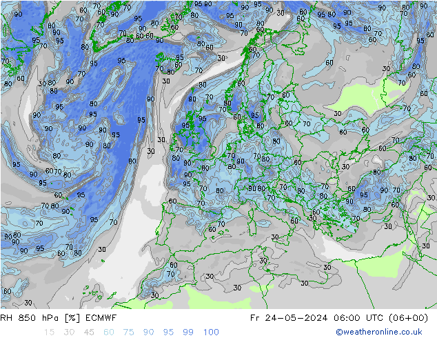 RH 850 гПа ECMWF пт 24.05.2024 06 UTC