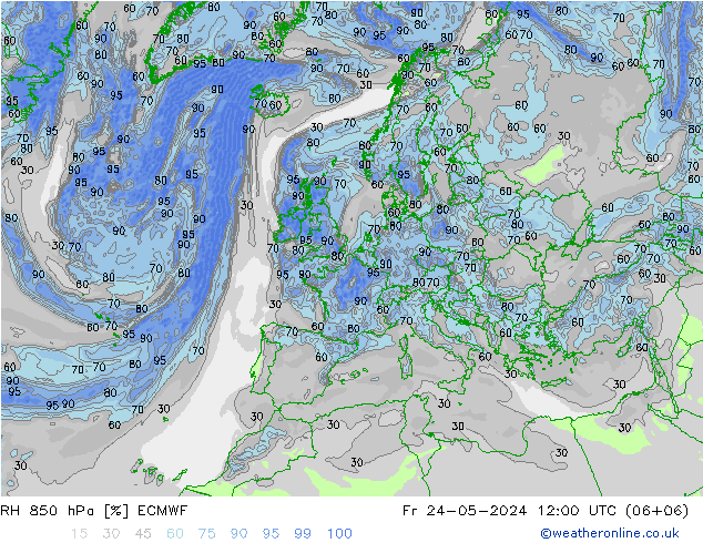 RH 850 гПа ECMWF пт 24.05.2024 12 UTC