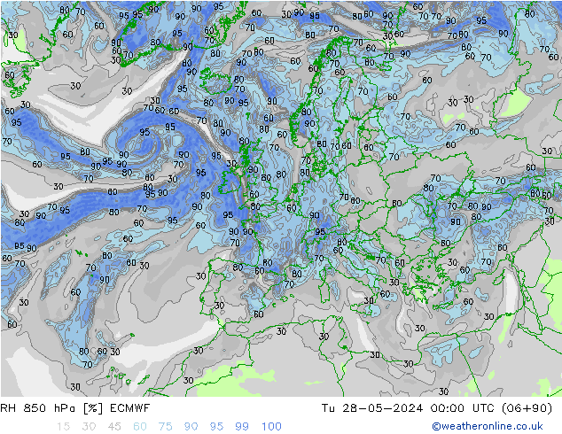 RH 850 hPa ECMWF Tu 28.05.2024 00 UTC