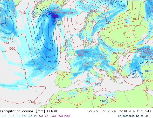 Precipitation accum. ECMWF Sa 25.05.2024 06 UTC