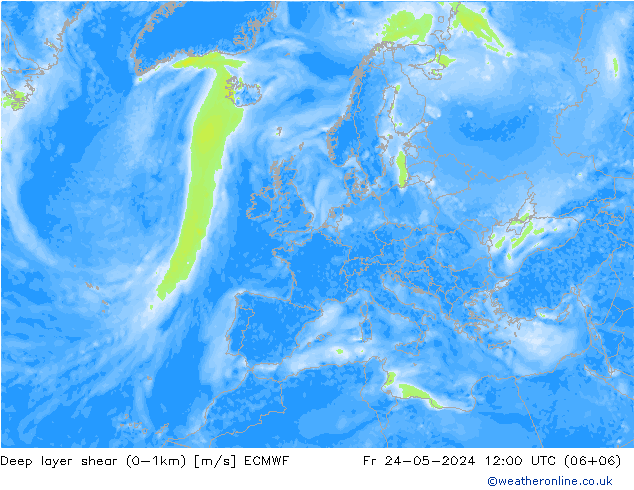 Deep layer shear (0-1km) ECMWF Pá 24.05.2024 12 UTC