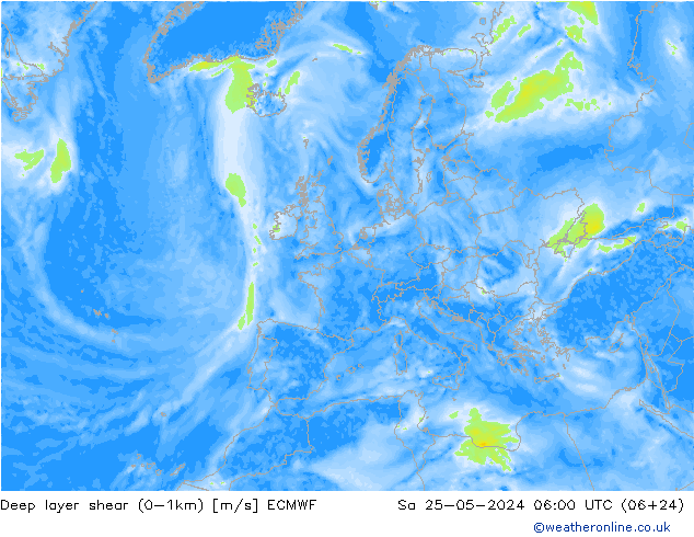 Deep layer shear (0-1km) ECMWF Sa 25.05.2024 06 UTC