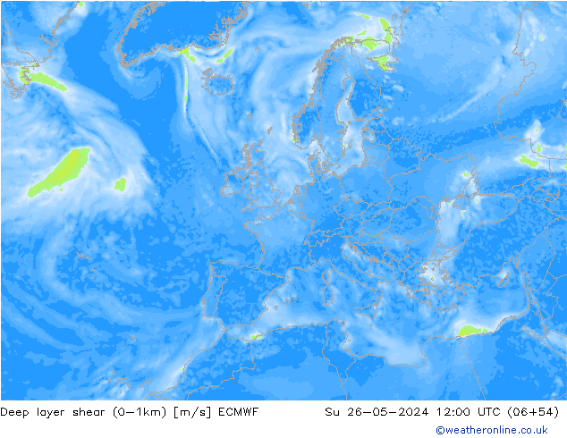 Deep layer shear (0-1km) ECMWF dim 26.05.2024 12 UTC