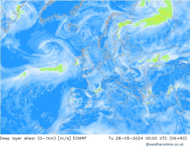 Deep layer shear (0-1km) ECMWF Tu 28.05.2024 00 UTC