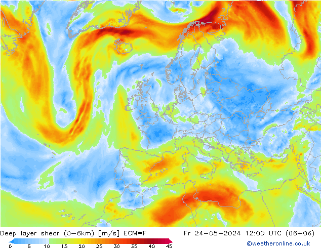 Deep layer shear (0-6km) ECMWF Pá 24.05.2024 12 UTC