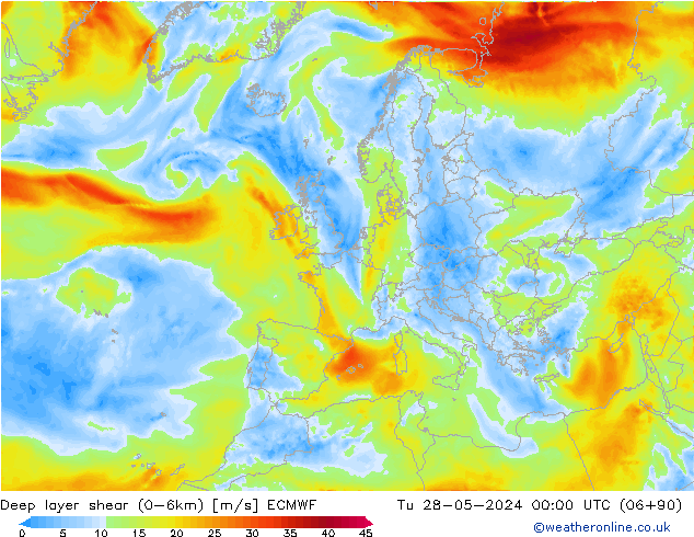 Deep layer shear (0-6km) ECMWF Di 28.05.2024 00 UTC